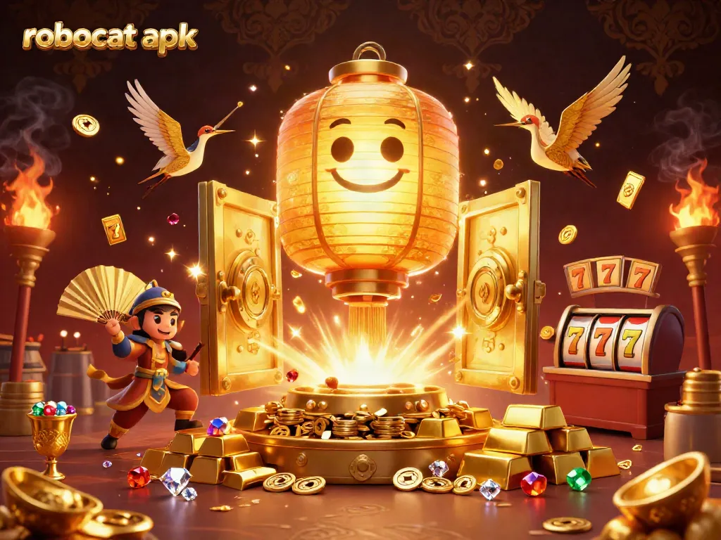Experience the thrill of casino gaming with robocat apk in this vibrant 3D illustration.