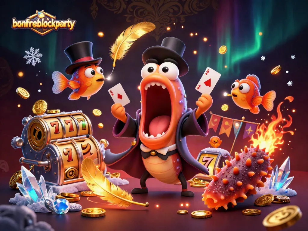 Experience bonfireblockparty's vibrant casino magic with deep-sea creatures performing thrilling card tricks and an abundance of gaming elements.