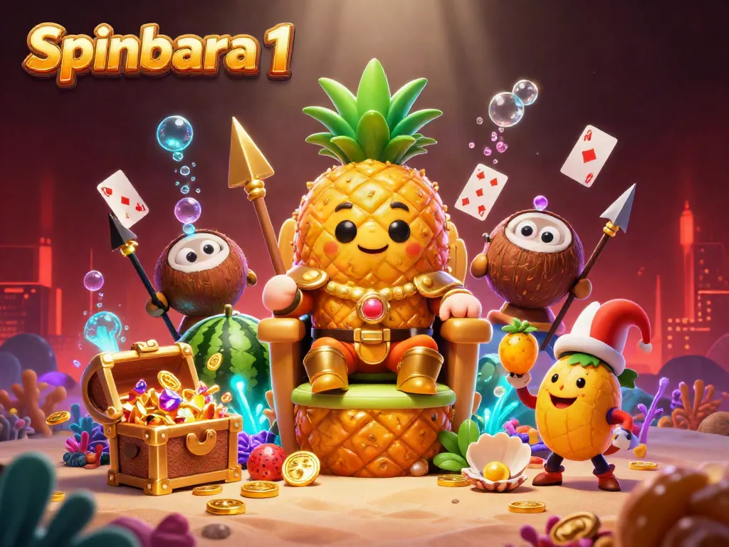 Experience spinbara 1 with a lively scene featuring a pineapple king, treasures, and vibrant colors.