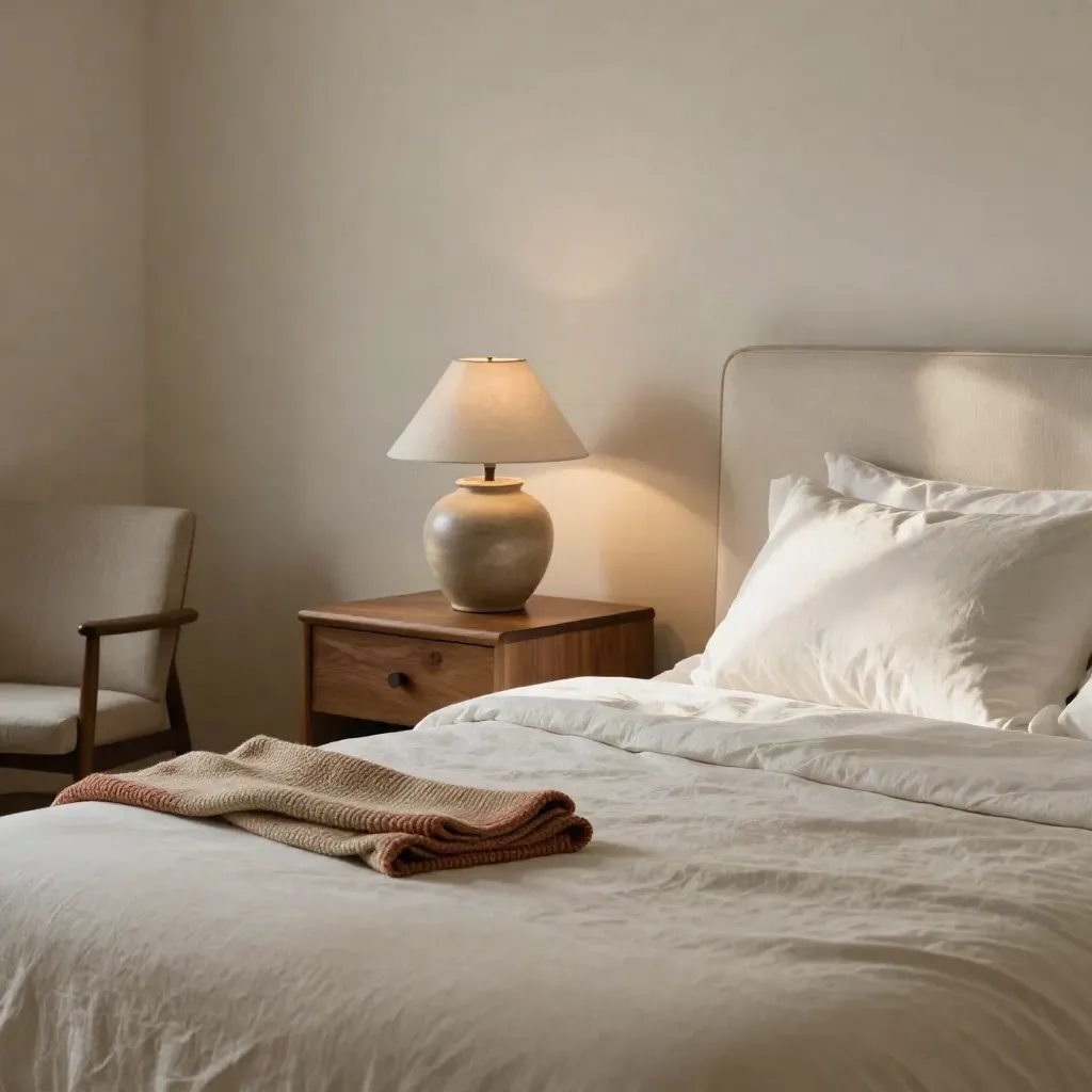 Dormitorio sereno con cama de lino, lámpara cálida, silla de lectura y luz suave de mañana.