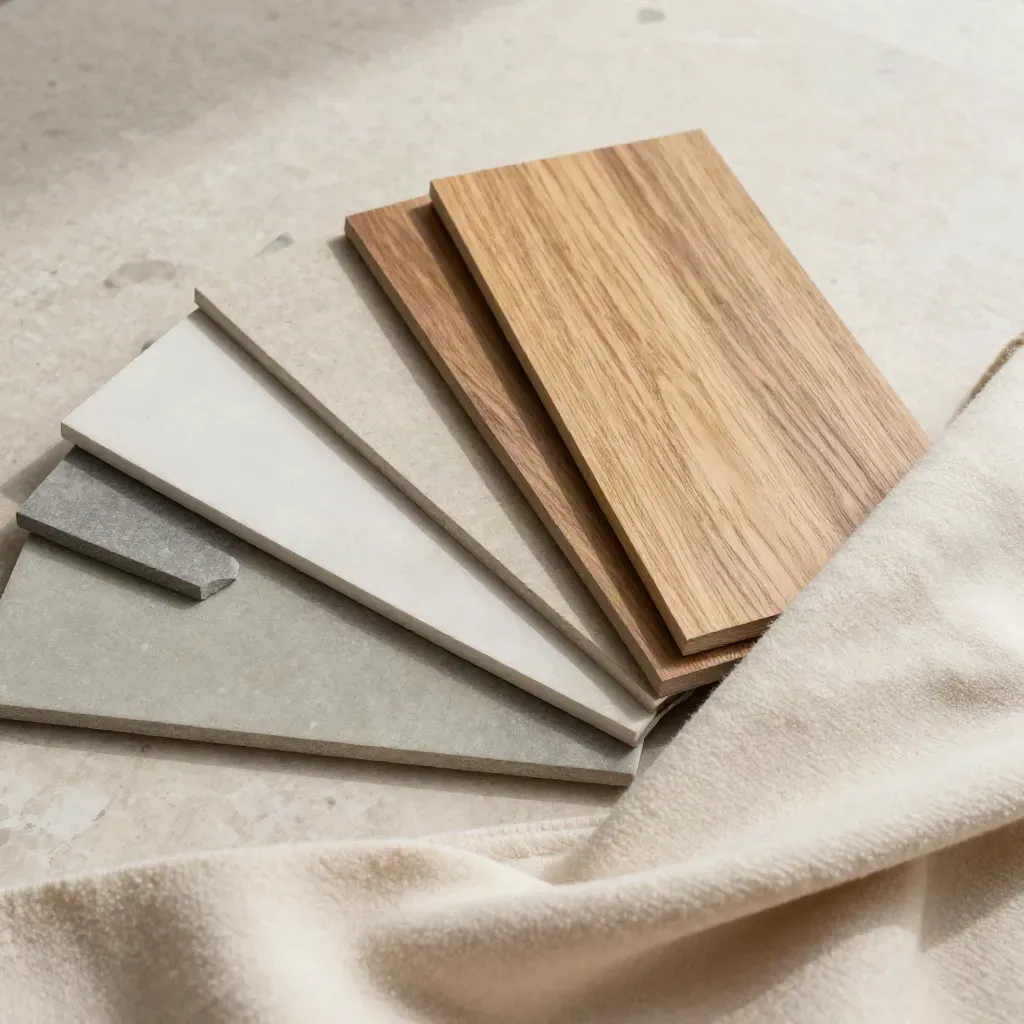 Muestrario de colores con muestras de piedra, cerámica, madera y lana sobre travertino.