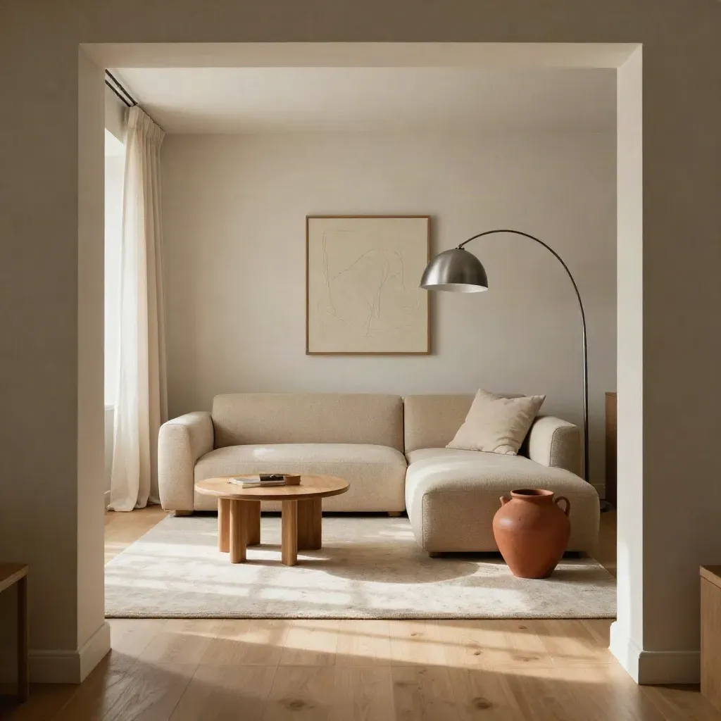 Salón renovado con sofá modular, mesa nido de roble, lámpara arco y relieve mural en luz cálida.