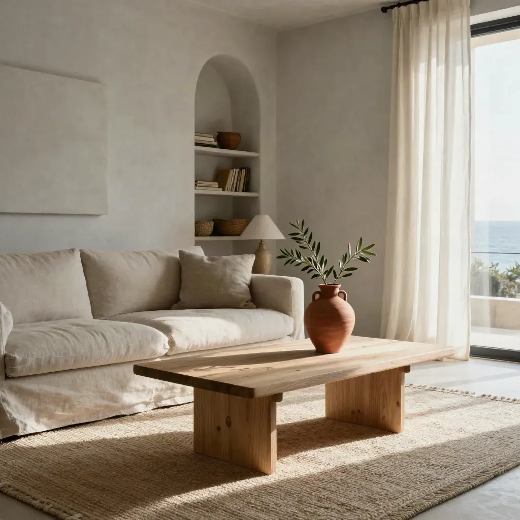 Salón mediterráneo de lino y madera clara con luz dorada y pared vacía para titular.
