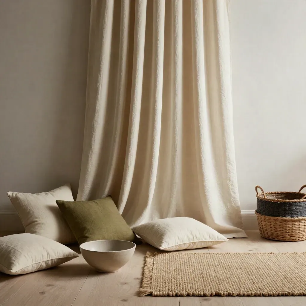 Cortinas de lino, cojines, alfombra de lana, cuenco cerámico y cesta tejida en un salón cálido.