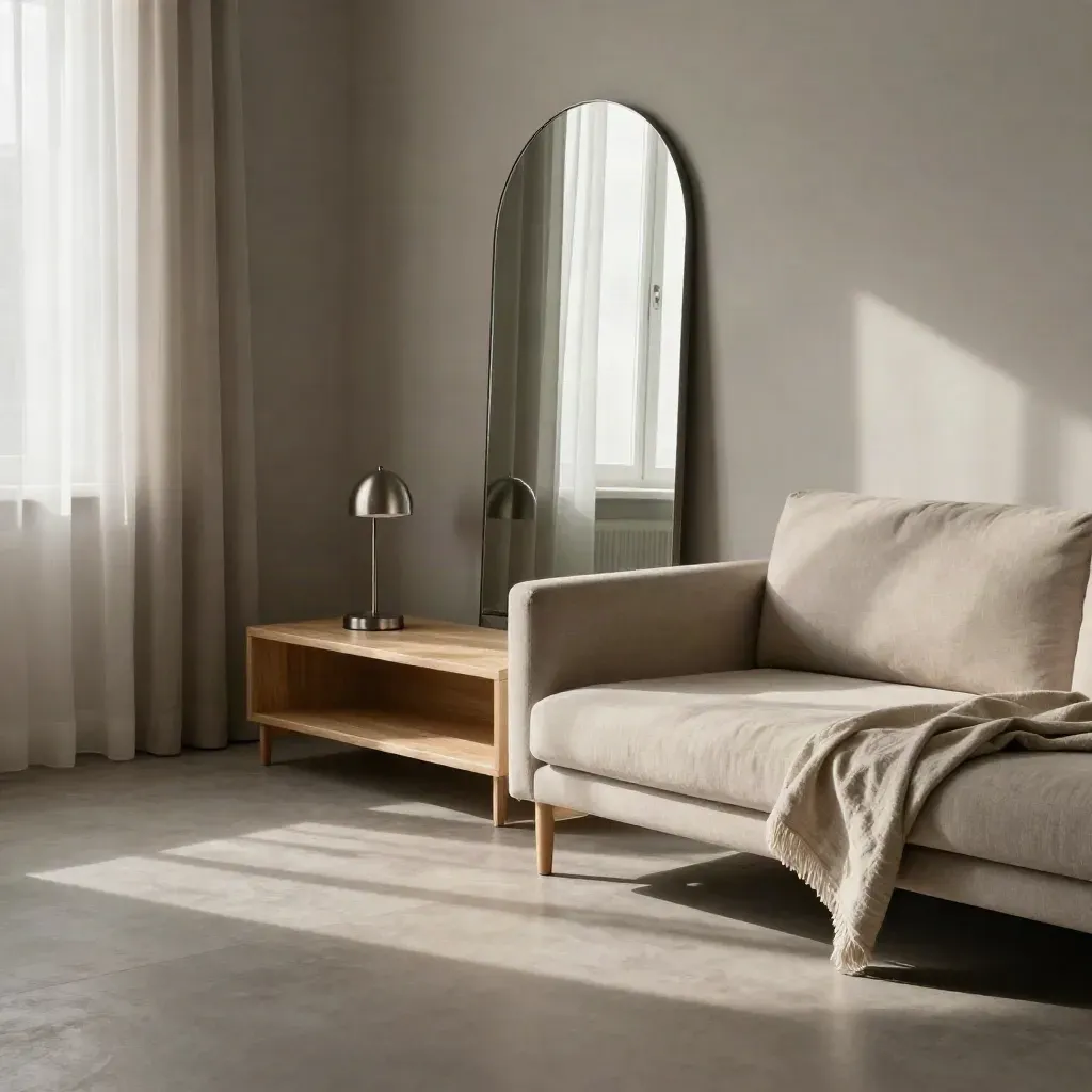 Salón pequeño en Madrid con espejo grande, banco de roble y sofá claro, bañado por luz de tarde.