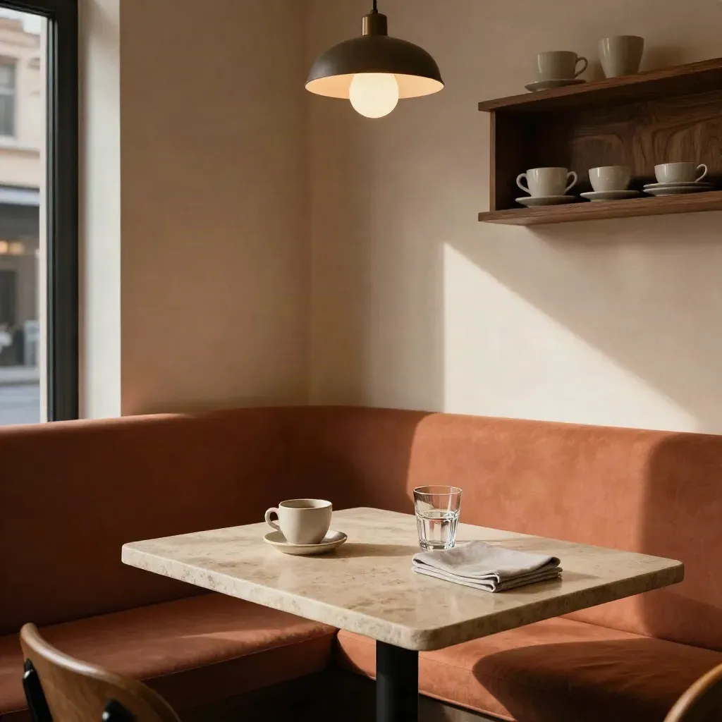 Interior de café en Valencia con banqueta terracota, mesa de piedra y luz cálida cinematográfica.