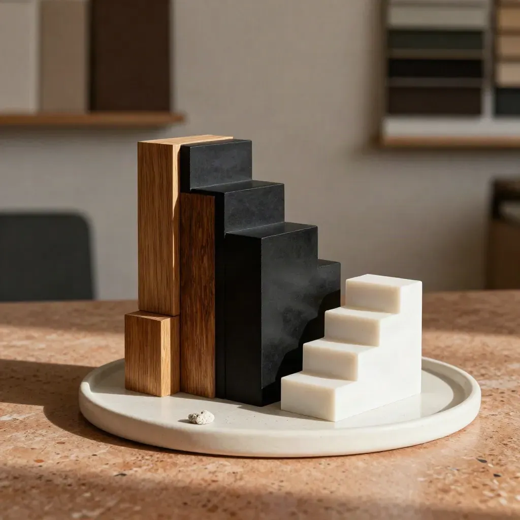 Maqueta espacial con bloques de madera, volumen negro y escalera acrílica sobre bandeja cerámica.