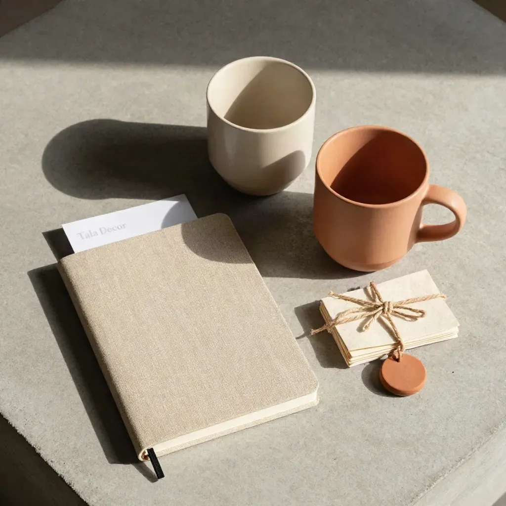 Flatlay de cuaderno de lino, tazas, muestra de piedra y tejido atado con cuerda sobre hormigón.