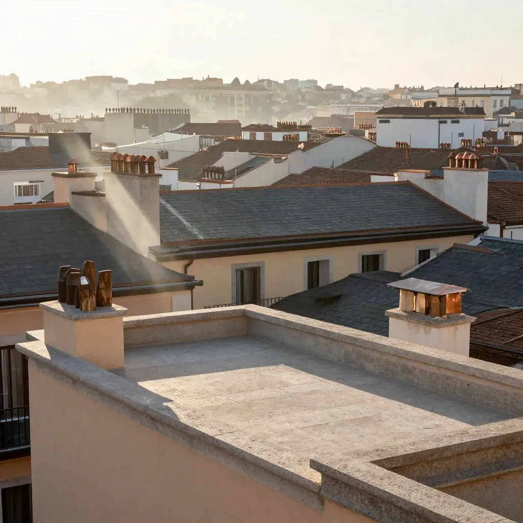 Azoteas de Madrid al amanecer con terraza de travertino y luz suave.