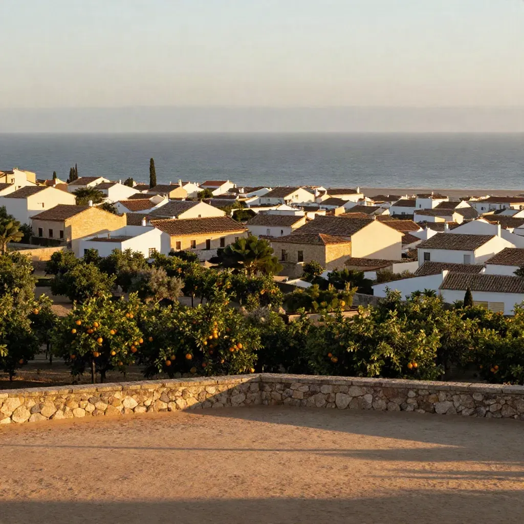 Paisaje valenciano al atardecer con naranjos, tejados y horizonte mediterráneo alto.