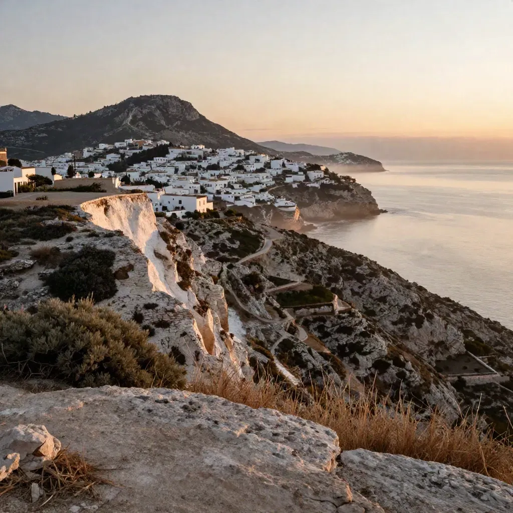 Paisaje costero andaluz al atardecer con colinas encaladas y mar suave en la distancia.