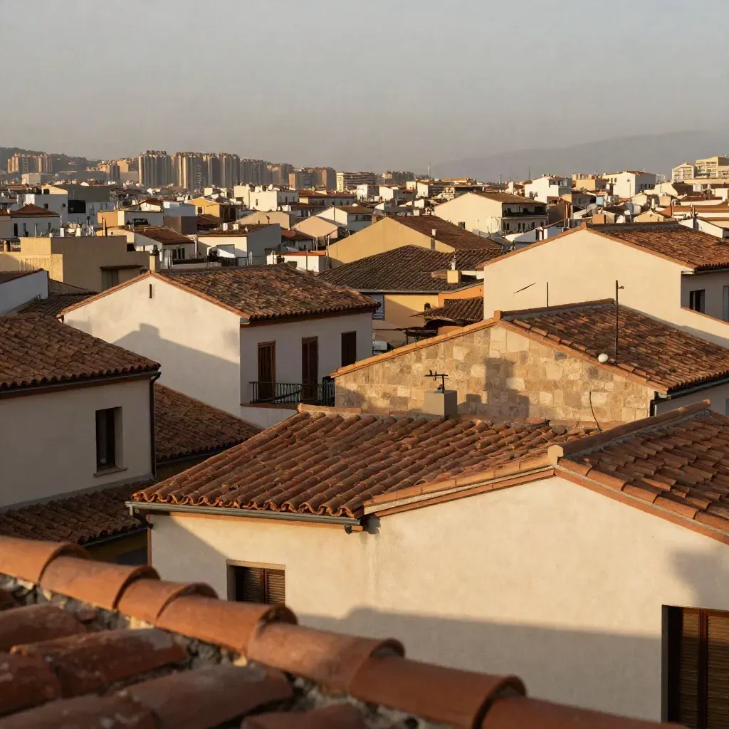Tejados de terracota y fachadas claras de Cataluña urbana con niebla suave.