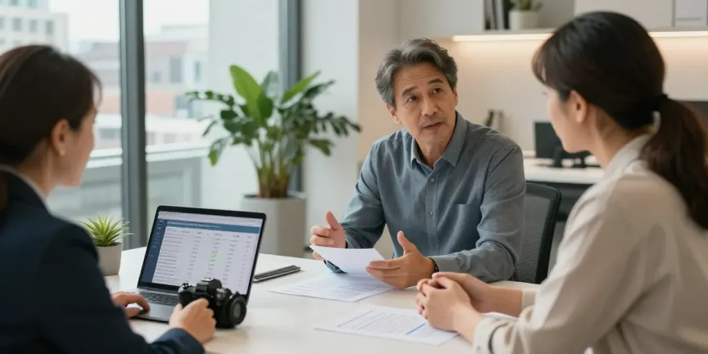 Couple exploring spaardeposito options with a financial advisor in a modern banking office.